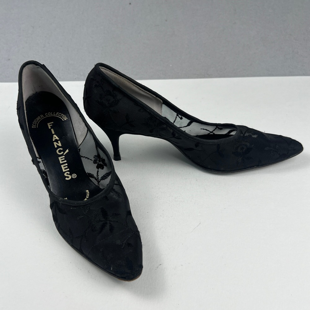 Fiancees Mesh Floral Pumps Womens 7.5 Black Embroidered Kitten Heels Vintage
